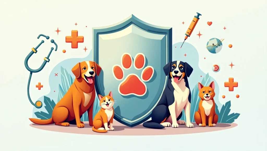 Arkansas Pet Insurance Costs Compare Affordable Coverage for Pets Arkansas Pet Insurance costs illustration with dogs, cat, and a shield featuring a paw print, symbolizing affordable veterinary coverage and protection plans.