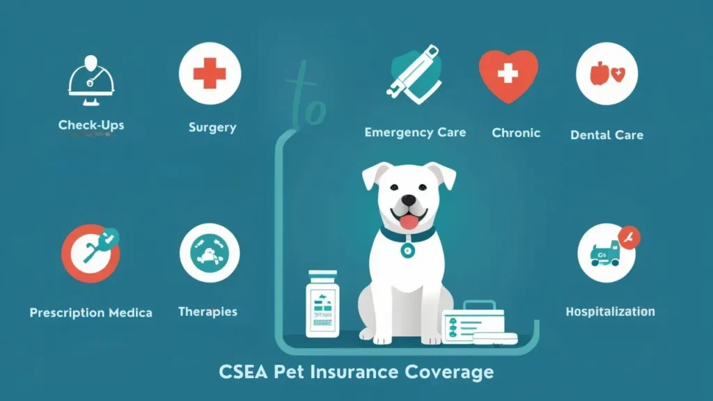 CSEA Pet Insurance Coverage Overview CSEA Pet Insurance: Infographic showing pet insurance coverage areas like surgery, emergency care, medication, and wellness
