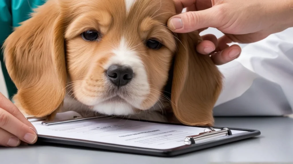 Cost & Benefits of Dog Insurance – Puppy with Vet Paperwork Cost & Benefits of Dog Insurance showing a cute puppy at the veterinary clinic with insurance paperwork and hands gently caring for the dog