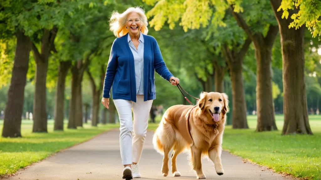 Elderly Woman Walking Dog in a Park CSEA Pet Insurance: Senior woman walking her golden retriever, highlighting the importance of pet health coverage