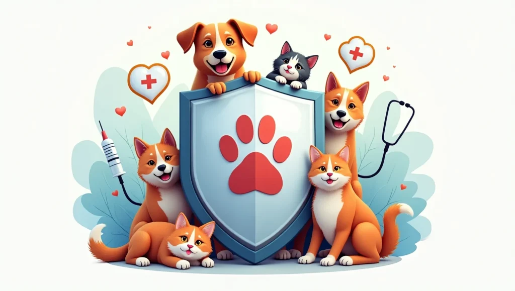 Illustration of Dogs and Cats with Insurance Shield (1) Cartoon-style image of dogs and cats with a shield, representing pet insurance protection