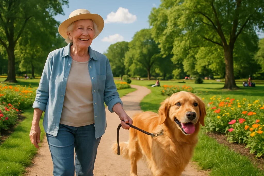 Overview of Dog Insurance – Senior Woman Walking Golden Retriever in Park Overview of Dog Insurance showing a happy senior woman walking her golden retriever dog in a green park with flowers and trees