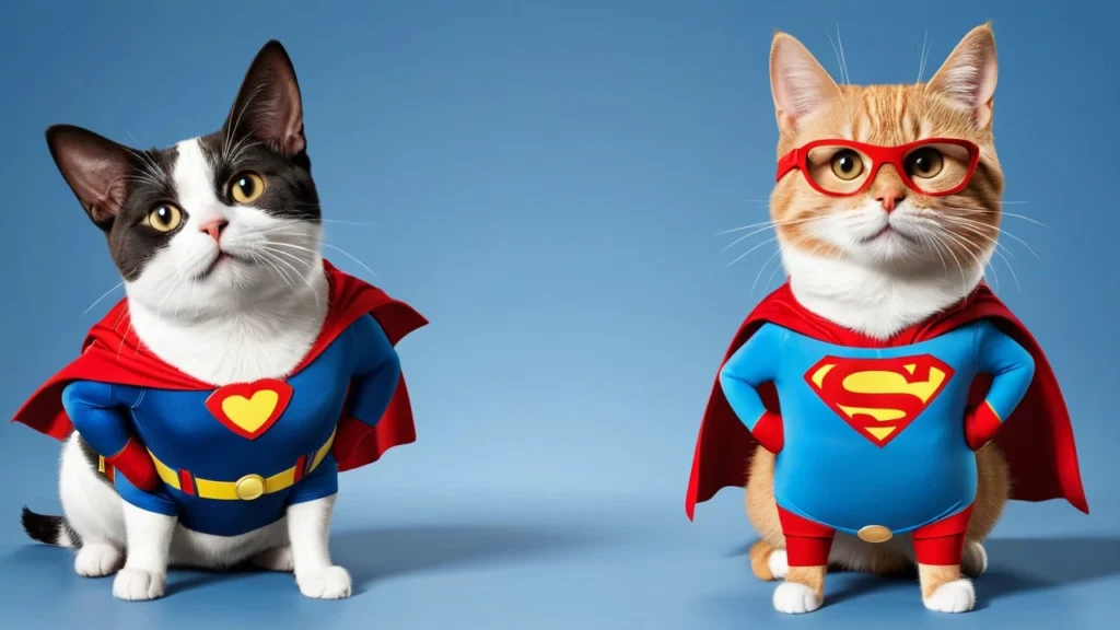 Superhero Cats Representing Insured Pets Two cats dressed as superheroes symbolizing the strength of pet insurance for cats