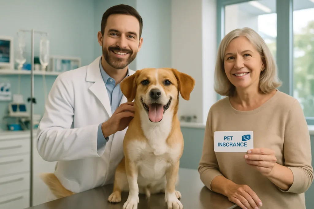 Vet and happy pet owner showcasing pet insurance enrollment card Vet and happy pet owner showcasing pet insurance enrollment card