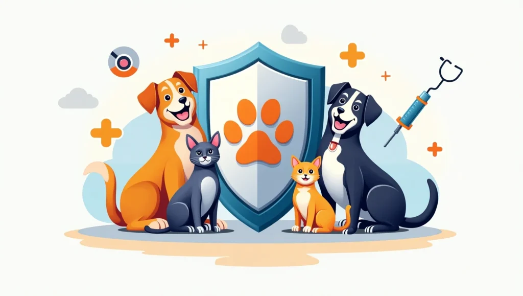 Best Pet Insurance Arkansas illustration with happy dogs and cats sitting beside a shield with paw print, symbolizing affordable coverage and veterinary protection.